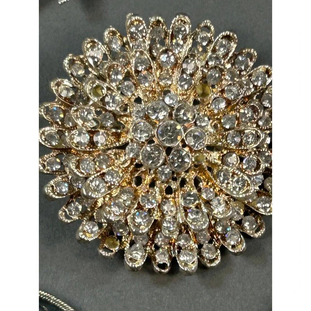 Vintage Costume Jewelry Brooch Lot 5pc Rhinestone Sunburst Floral Cabochon Pins